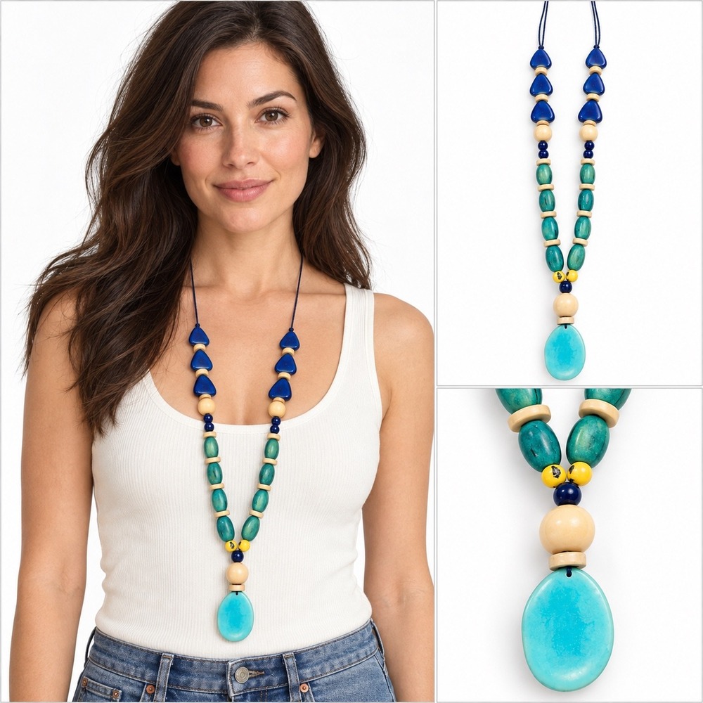 Chicos Faire Collaboration Beaded Pendant Necklace NWT Fair Trade Handmade Blue